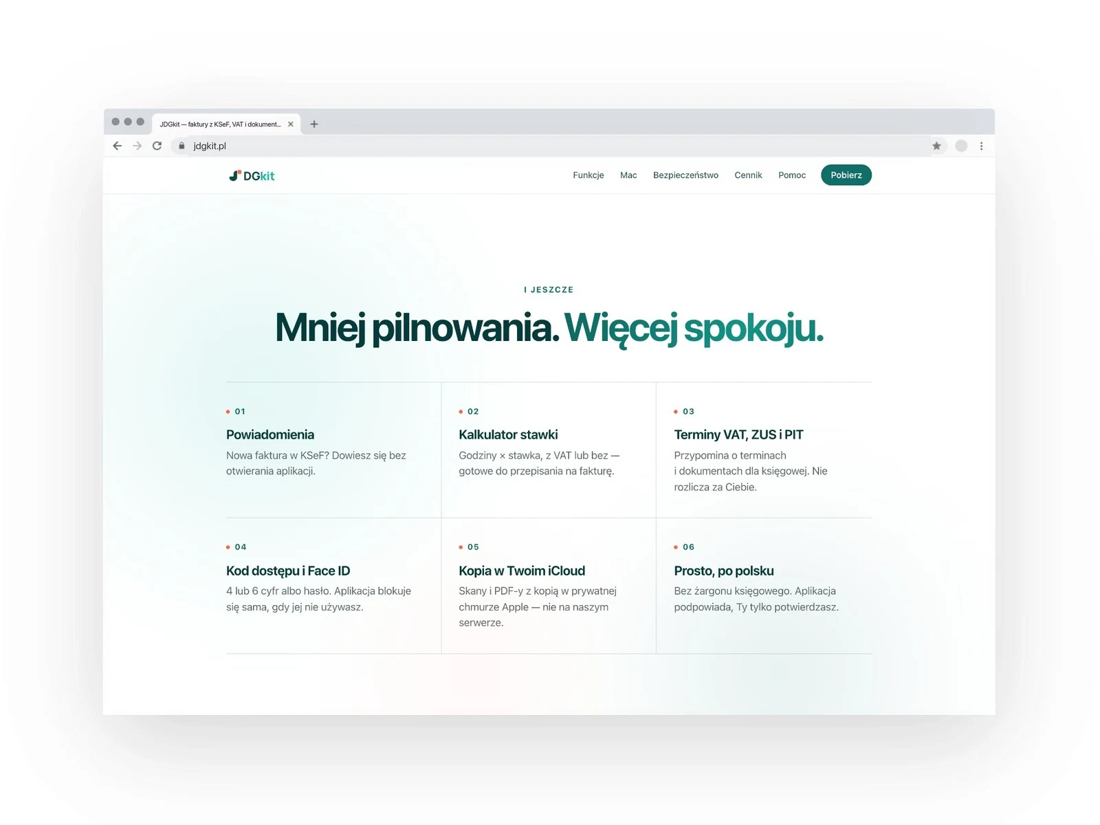 Strona jdgkit.pl w przeglądarce — sekcja funkcji „Mniej pilnowania. Więcej spokoju”