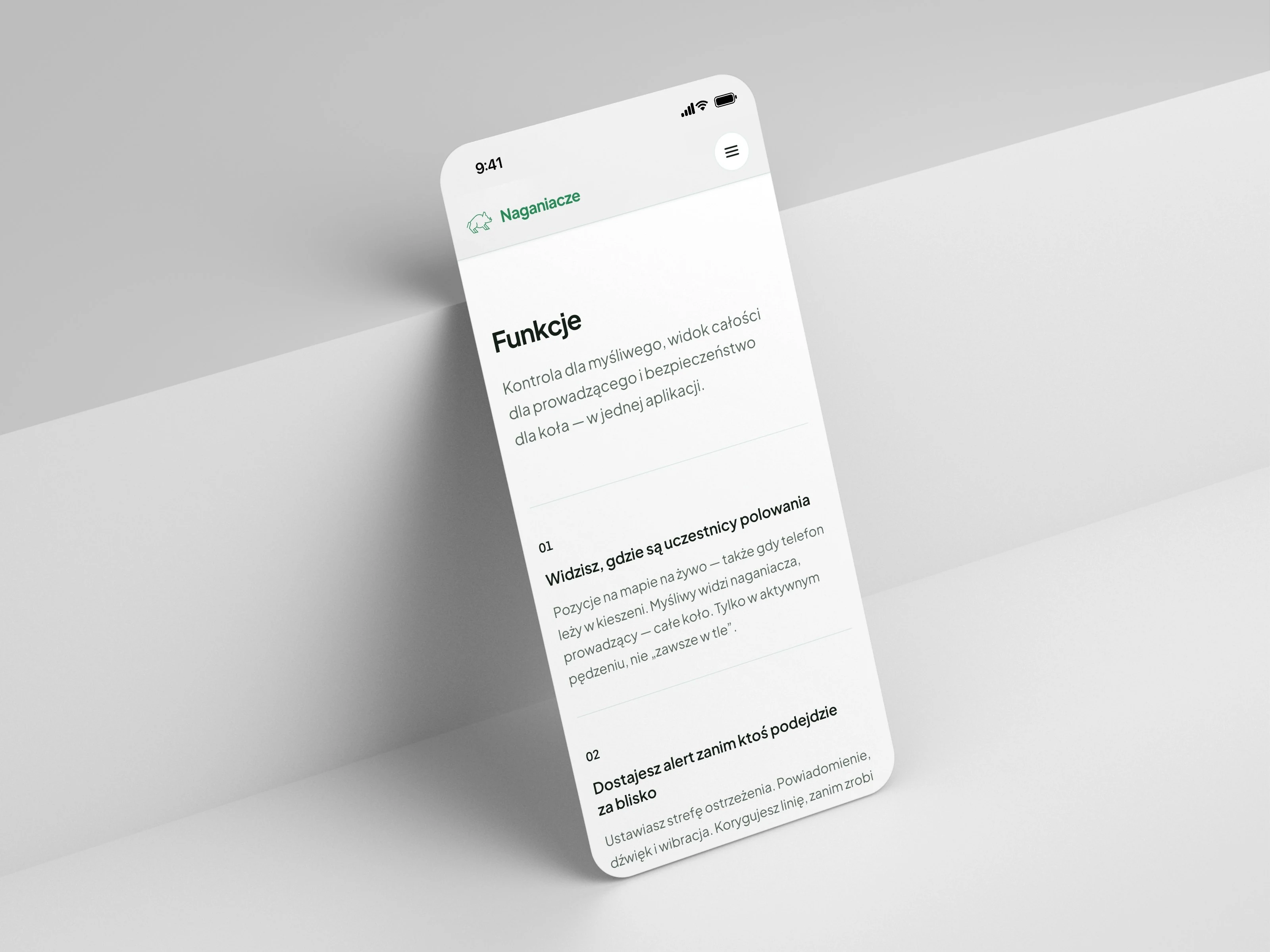 Sekcja „Funkcje” na mobilnej wersji strony naganiacze.app: numerowana lista korzyści