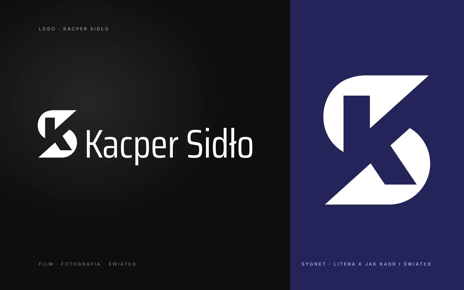 Kacper Sidło — logo z sygnetem w kształcie litery K na czarnym tle oraz sam sygnet na granatowym tle