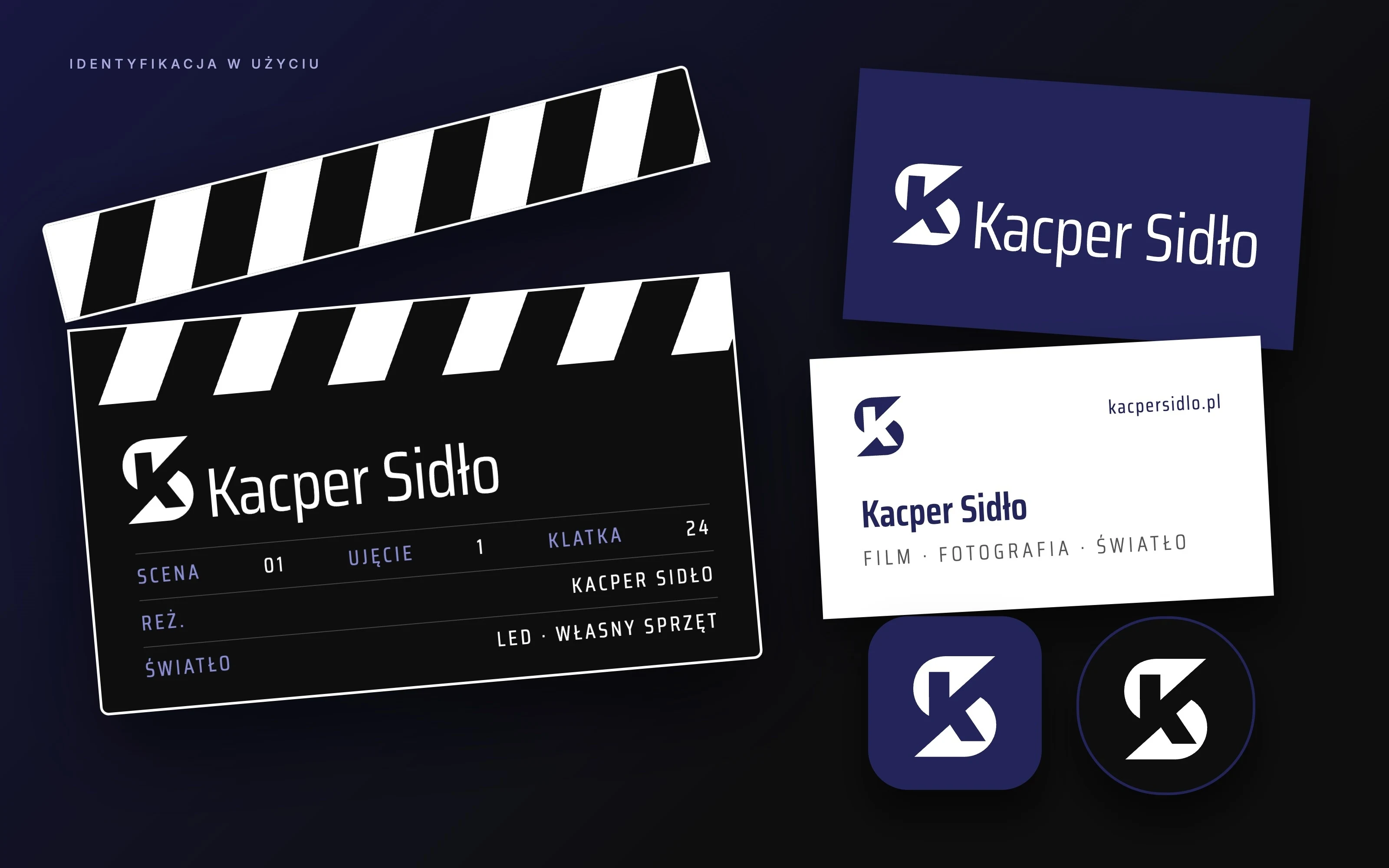 Kacper Sidło — identyfikacja w użyciu: klaps filmowy z logo, wizytówki, ikona aplikacji i awatar z sygnetem