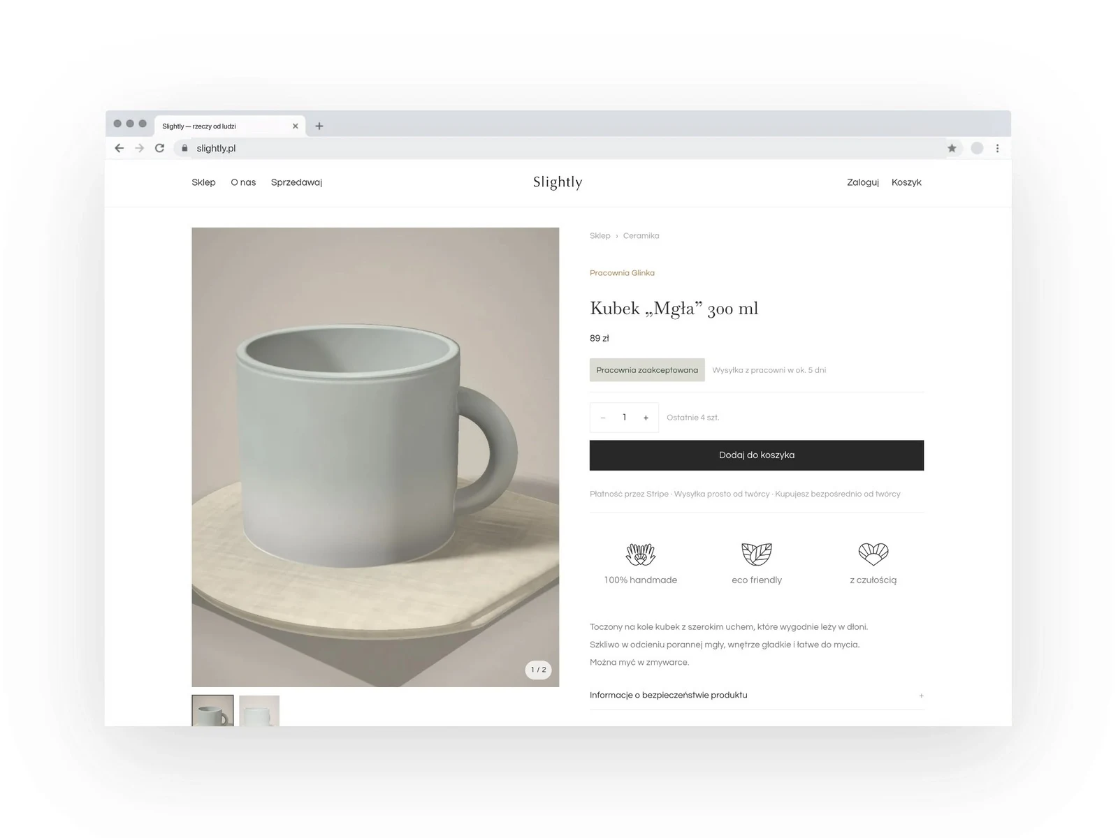 Karta produktu w sklepie Slightly: kubek ceramiczny „Mgła” z galerią zdjęć i nazwą pracowni, widok w przeglądarce