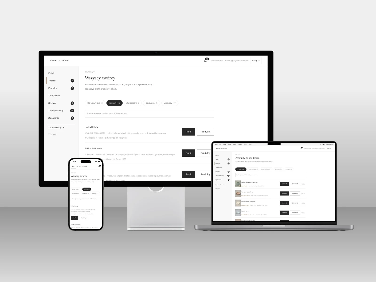 Panel administratora Slightly na iMacu, MacBooku i iPhonie: lista twórców i produkty do moderacji