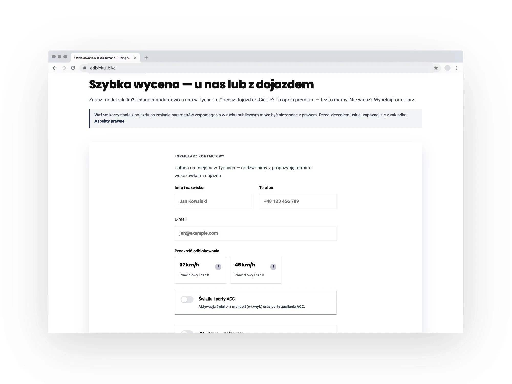 odblokuj.bike — formularz zgłoszenia z wyborem prędkości odblokowania — wersja desktop