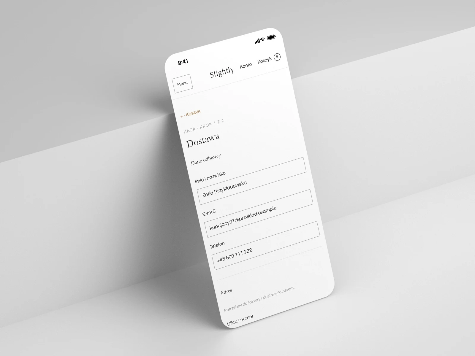 Kasa Slightly na iPhonie: krok z danymi odbiorcy