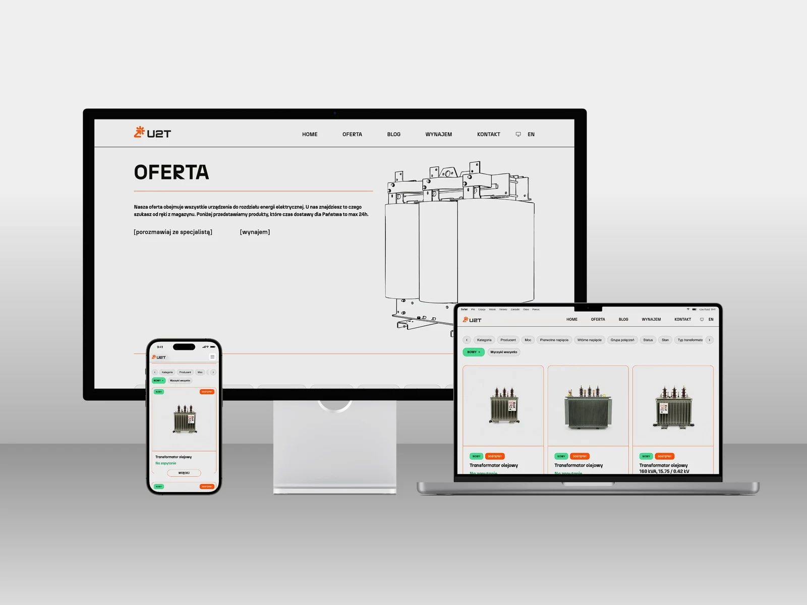 u2t.pl — oferta, katalog transformatorów z filtrami i widok mobilny na iMacu, MacBooku i iPhonie