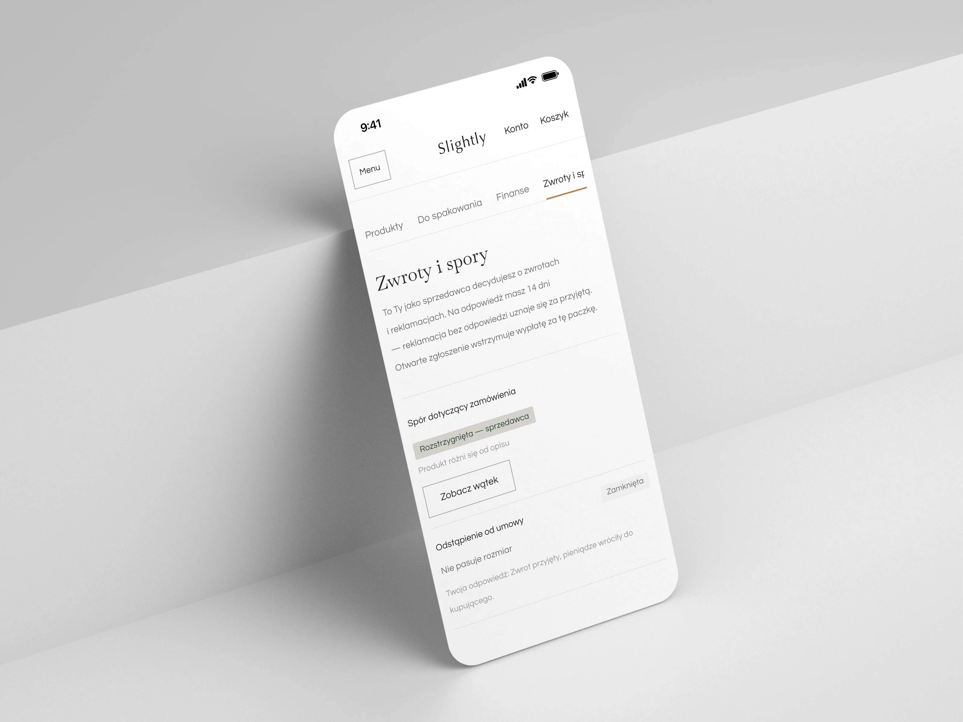 Panel twórcy Slightly na iPhonie: zakładka „Zwroty i spory” ze sprawą kupującego
