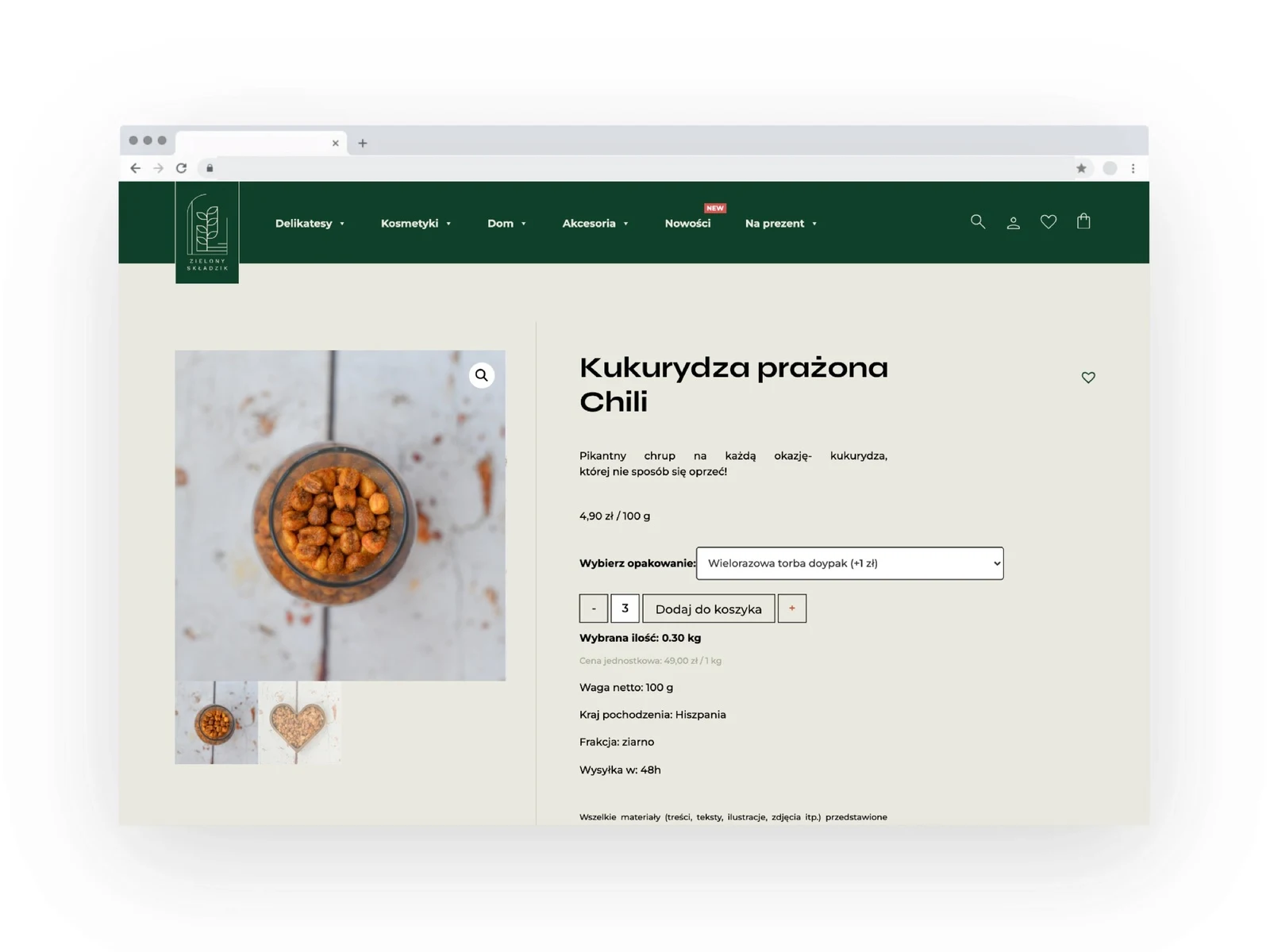 Zielony Składzik — karta produktu Kukurydza prażona Chili w przeglądarce: zdjęcie, cena za 100 g, wybór opakowania, wybrana ilość w kilogramach i cena za kilogram