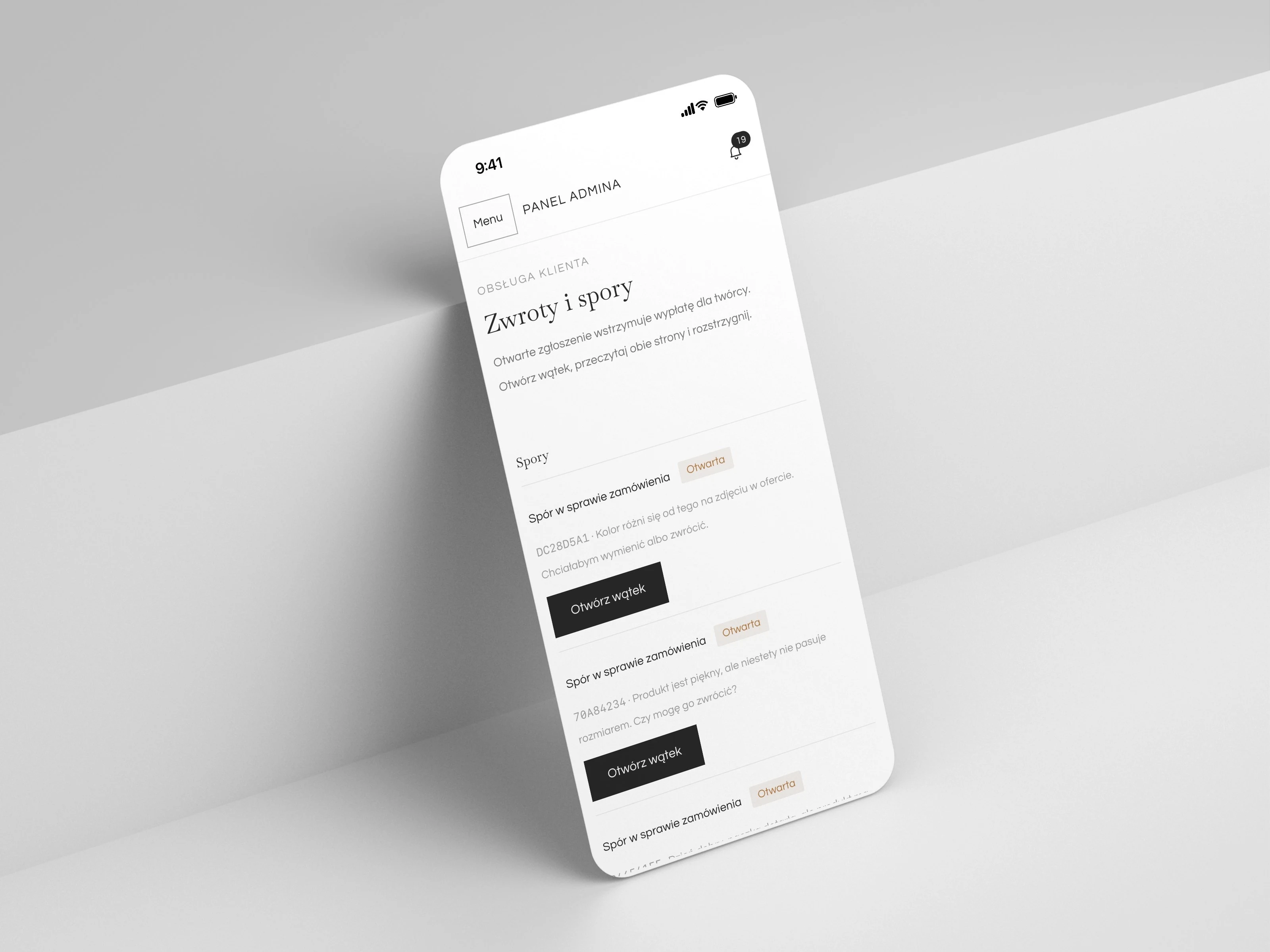Panel administratora Slightly na iPhonie: lista spraw kupujących do rozstrzygnięcia