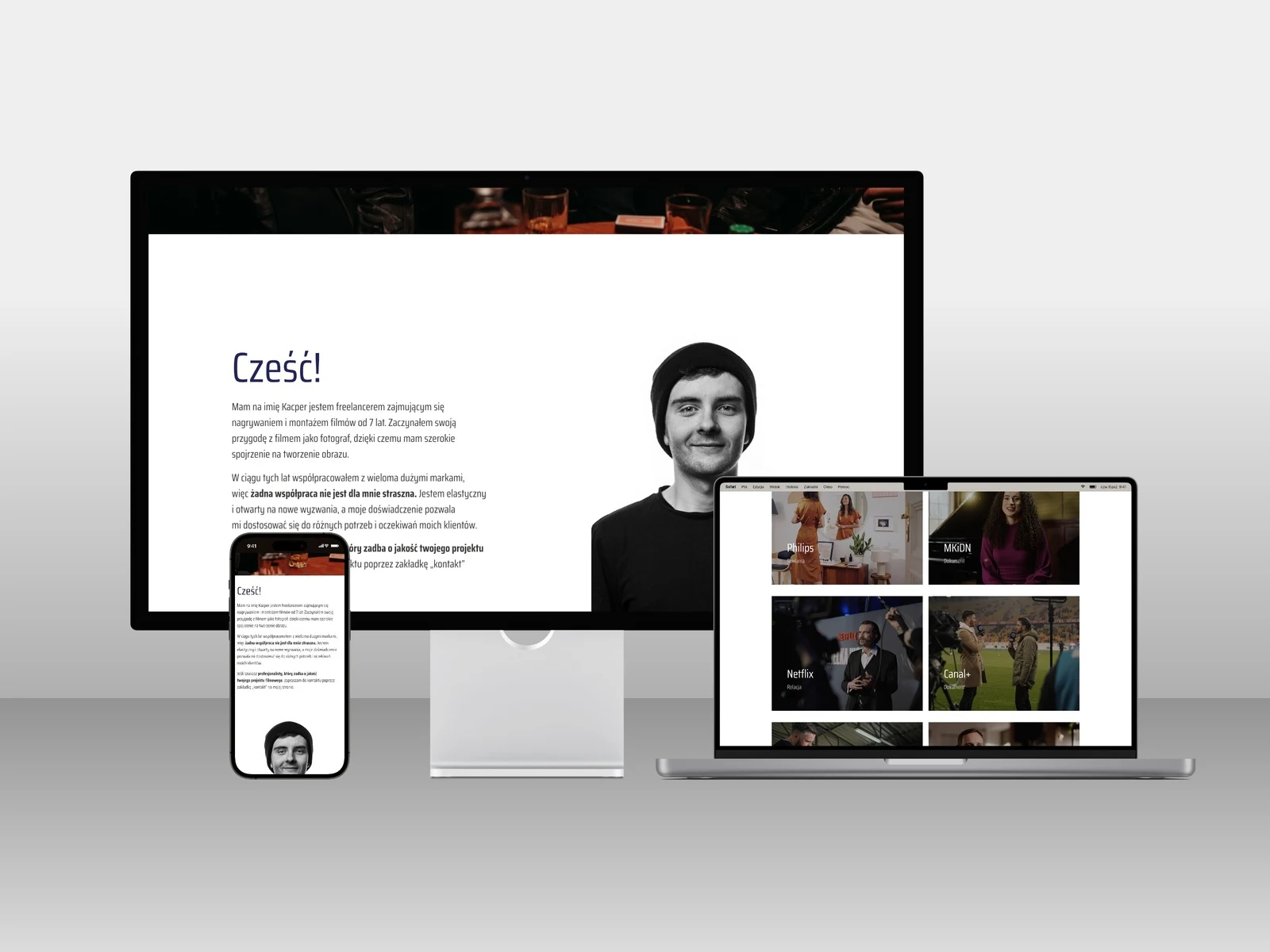 Kacper Sidło — sekcje „Cześć!” i portfolio realizacji na iMacu, MacBooku i iPhonie