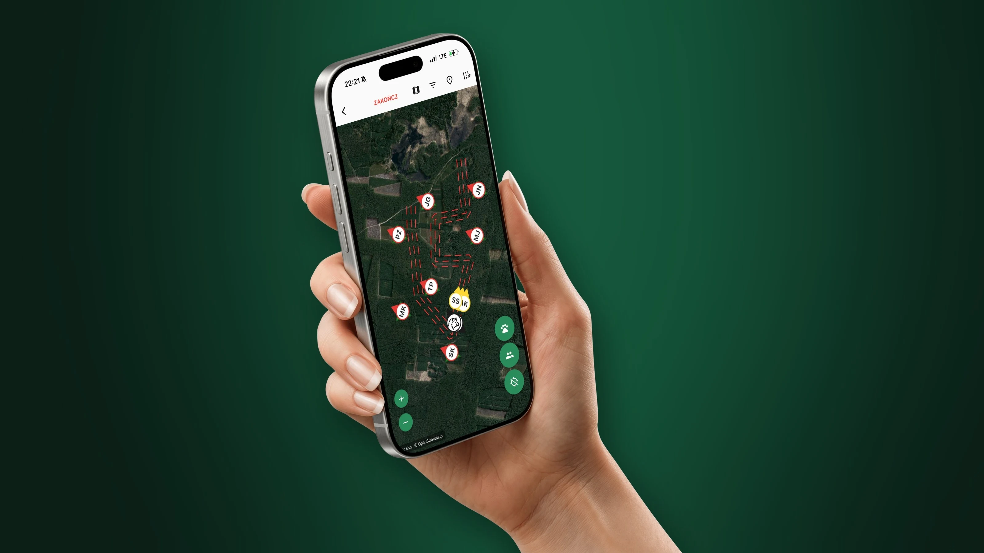 Aplikacja Naganiacze na iPhonie: mapa satelitarna z trasami naganiaczy, uczestnikami i oznaczeniem zwierzyny