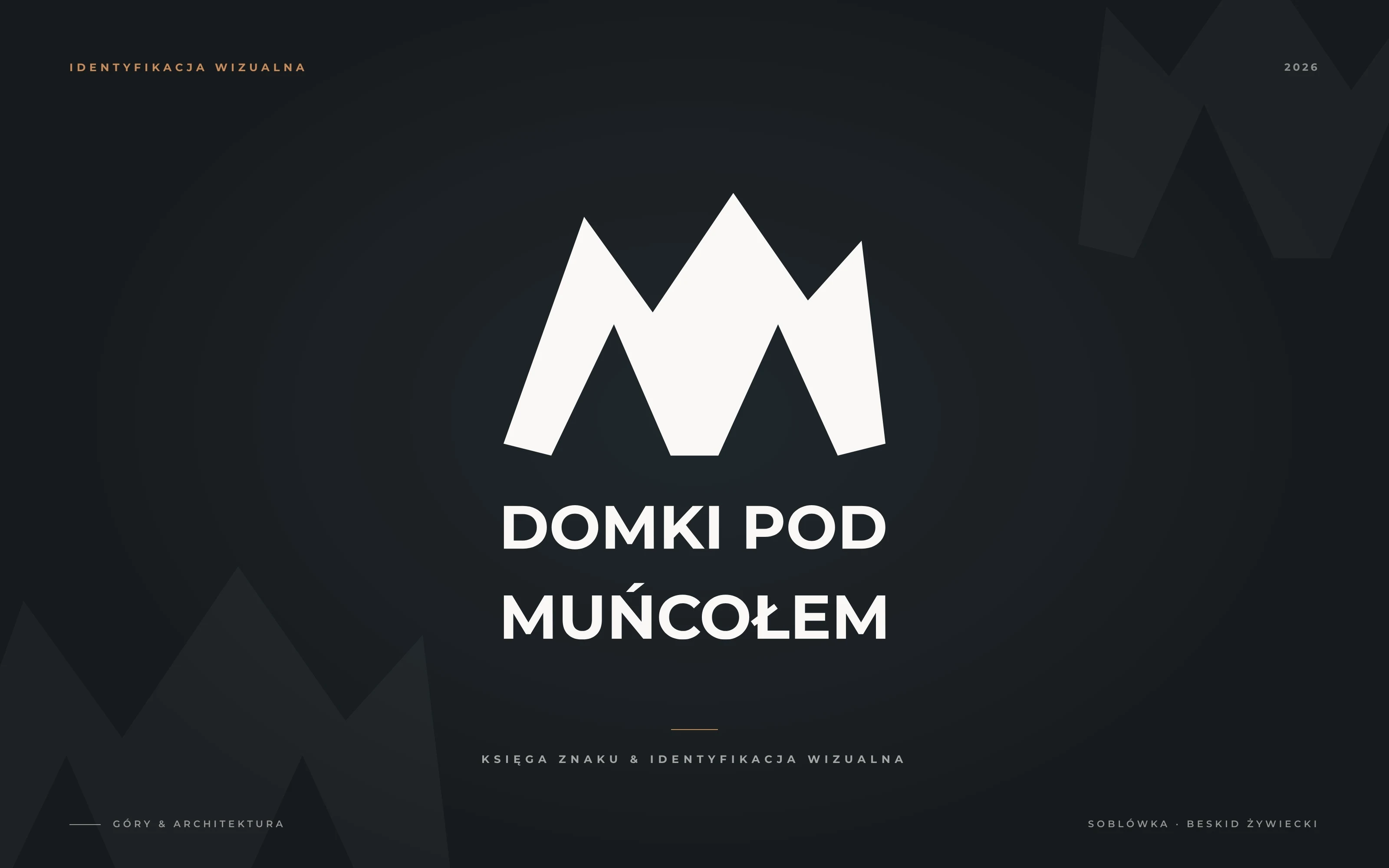 Logo Domki pod Muńcołem: biały znak w kształcie litery M jako rytm górskich szczytów na ciemnym tle, identyfikacja wizualna