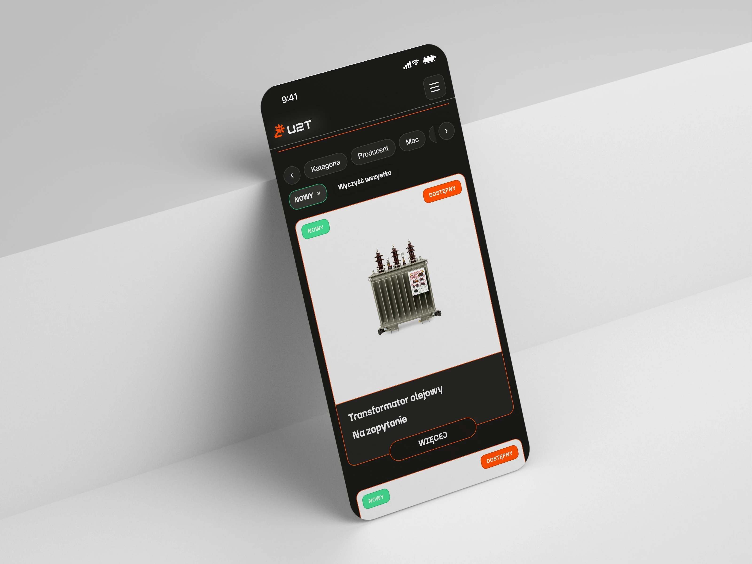 u2t.pl — katalog z aktywnym filtrem w trybie ciemnym na telefonie