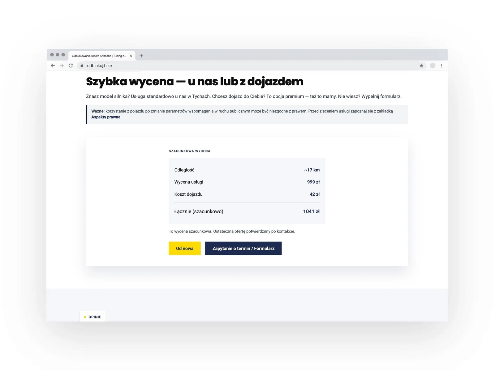 odblokuj.bike — wynik kalkulatora wyceny z dojazdem — wersja desktop