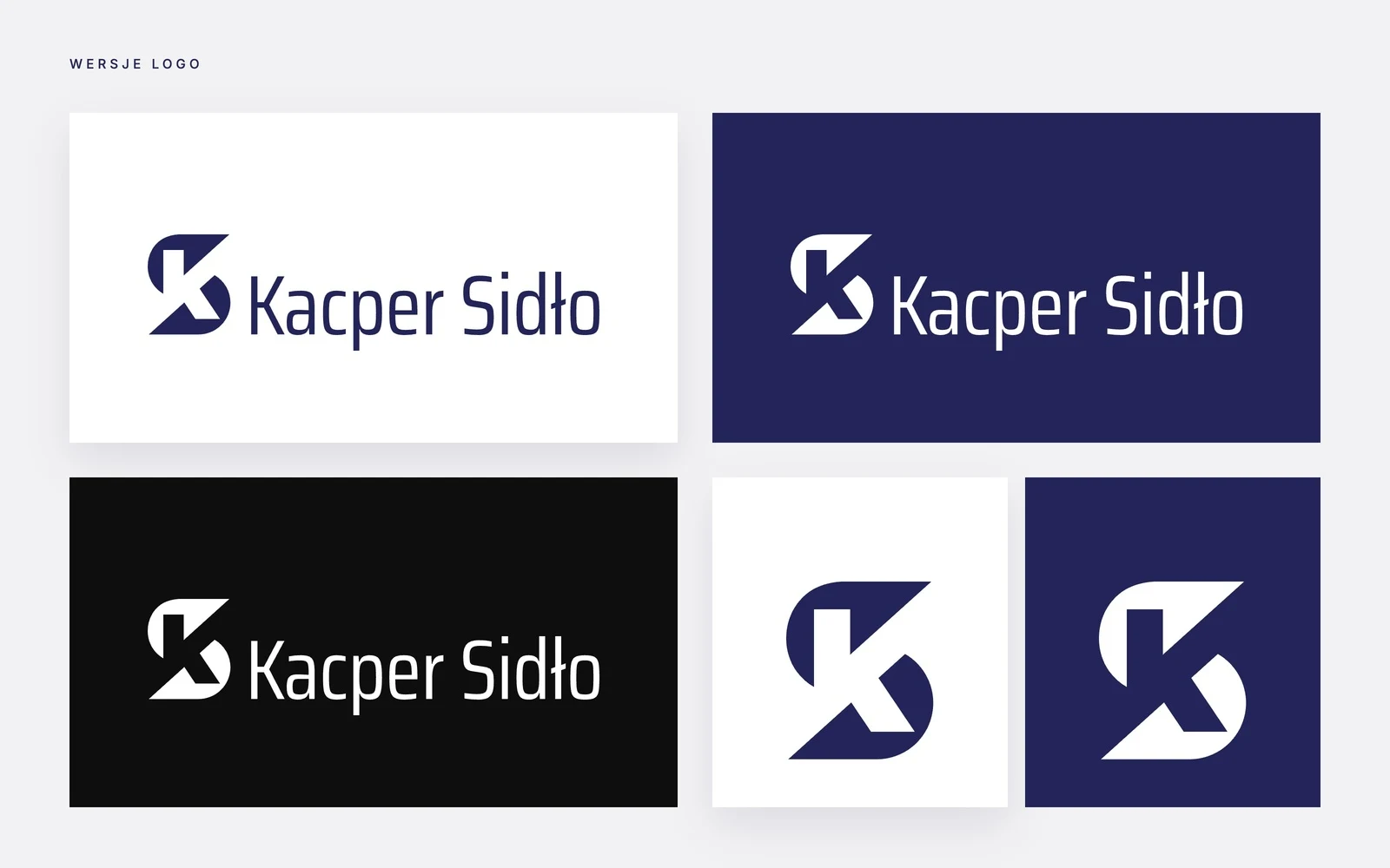 Kacper Sidło — wersje logo i sygnetu: granatowe na bieli, białe na granacie i na czerni