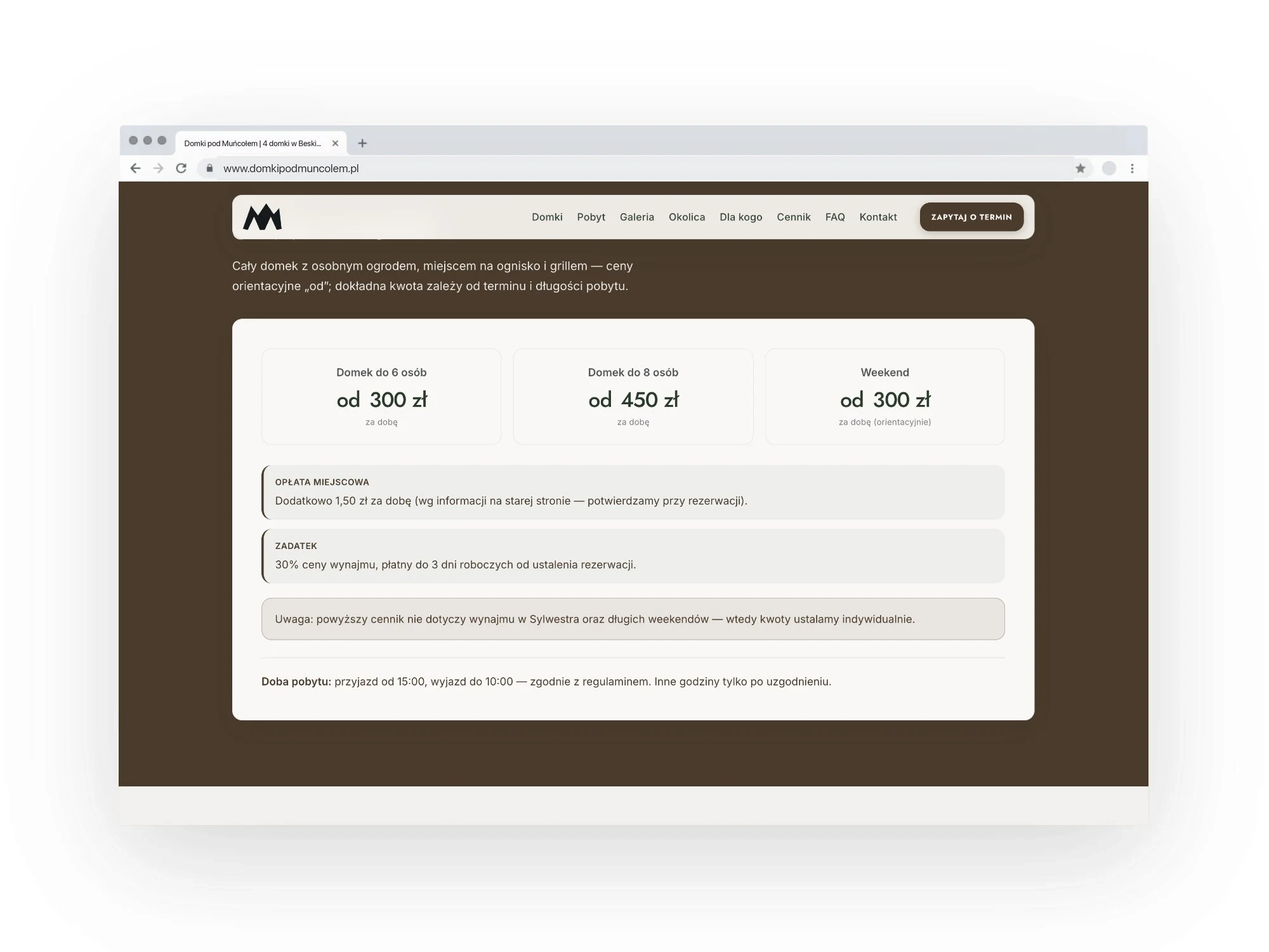 domkipodmuncolem.pl — projekt strony internetowej, mockup przegladarka