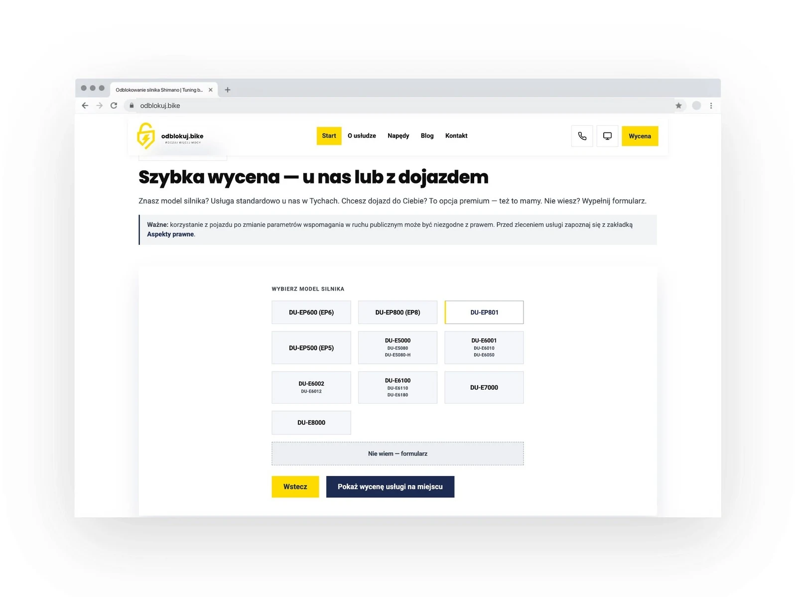 odblokuj.bike — kreator szybkiej wyceny: wybór modelu silnika — wersja desktop