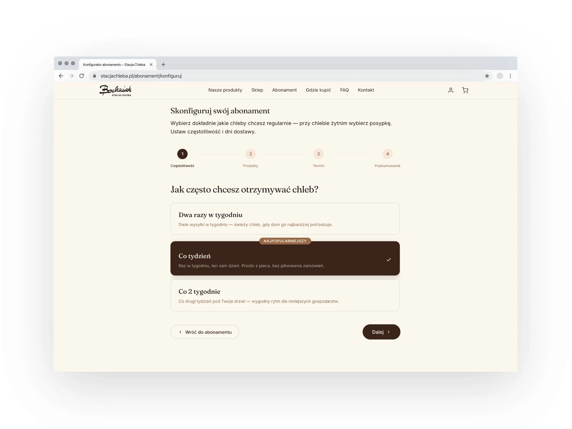stacjachleba.pl — konfigurator abonamentu, krok wyboru częstotliwości, mockup przeglądarka