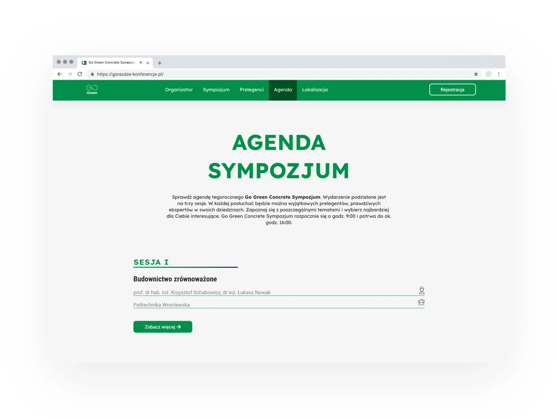 Landing page zaprojektowany i wdrożony dla branżowego sympozjum Go Green Concrete organizowanego przez Górażdże.