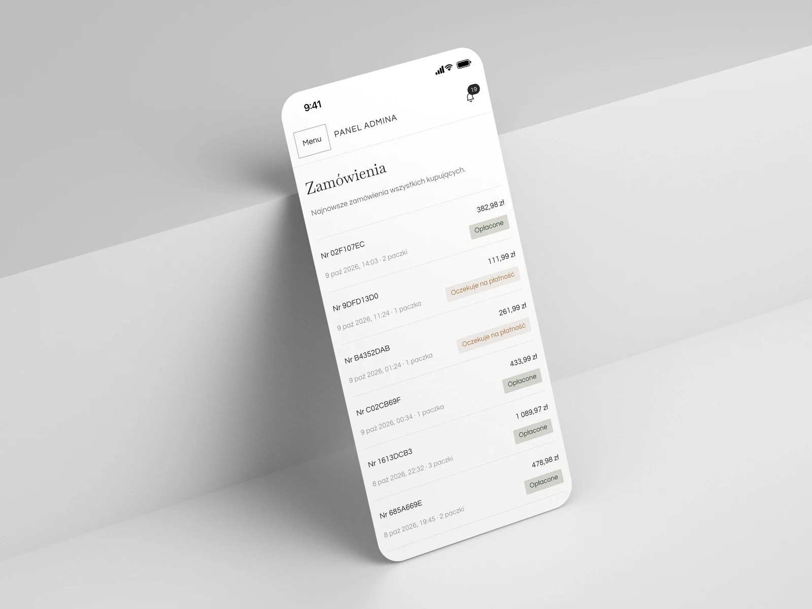 Panel administratora Slightly na iPhonie: lista zamówień kupujących