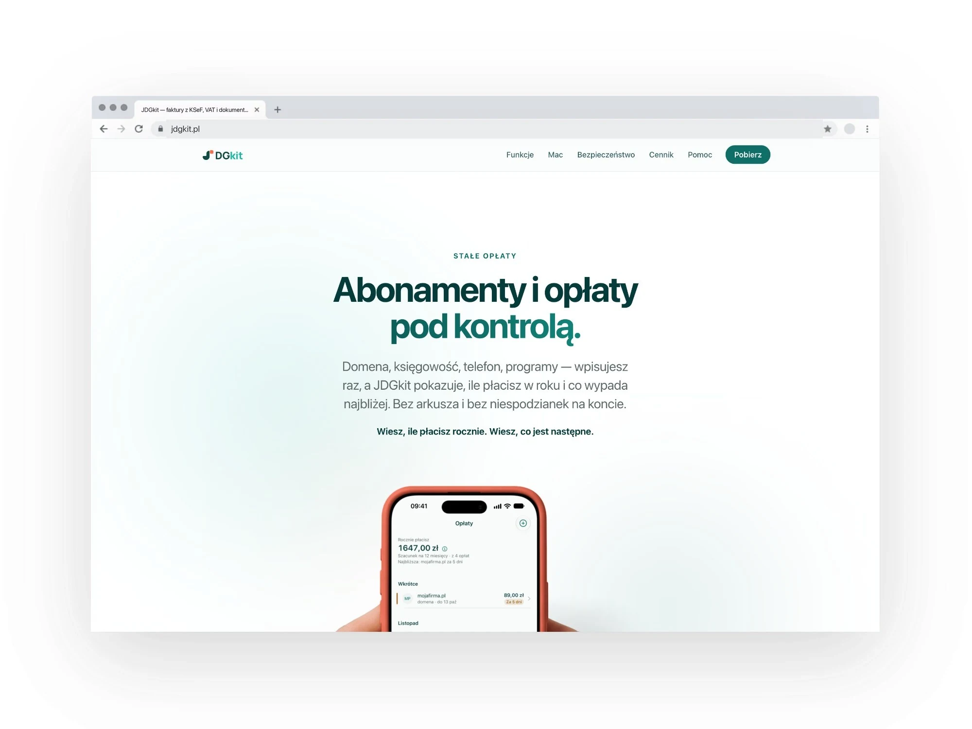 Strona jdgkit.pl w przeglądarce — sekcja „Abonamenty i opłaty pod kontrolą”