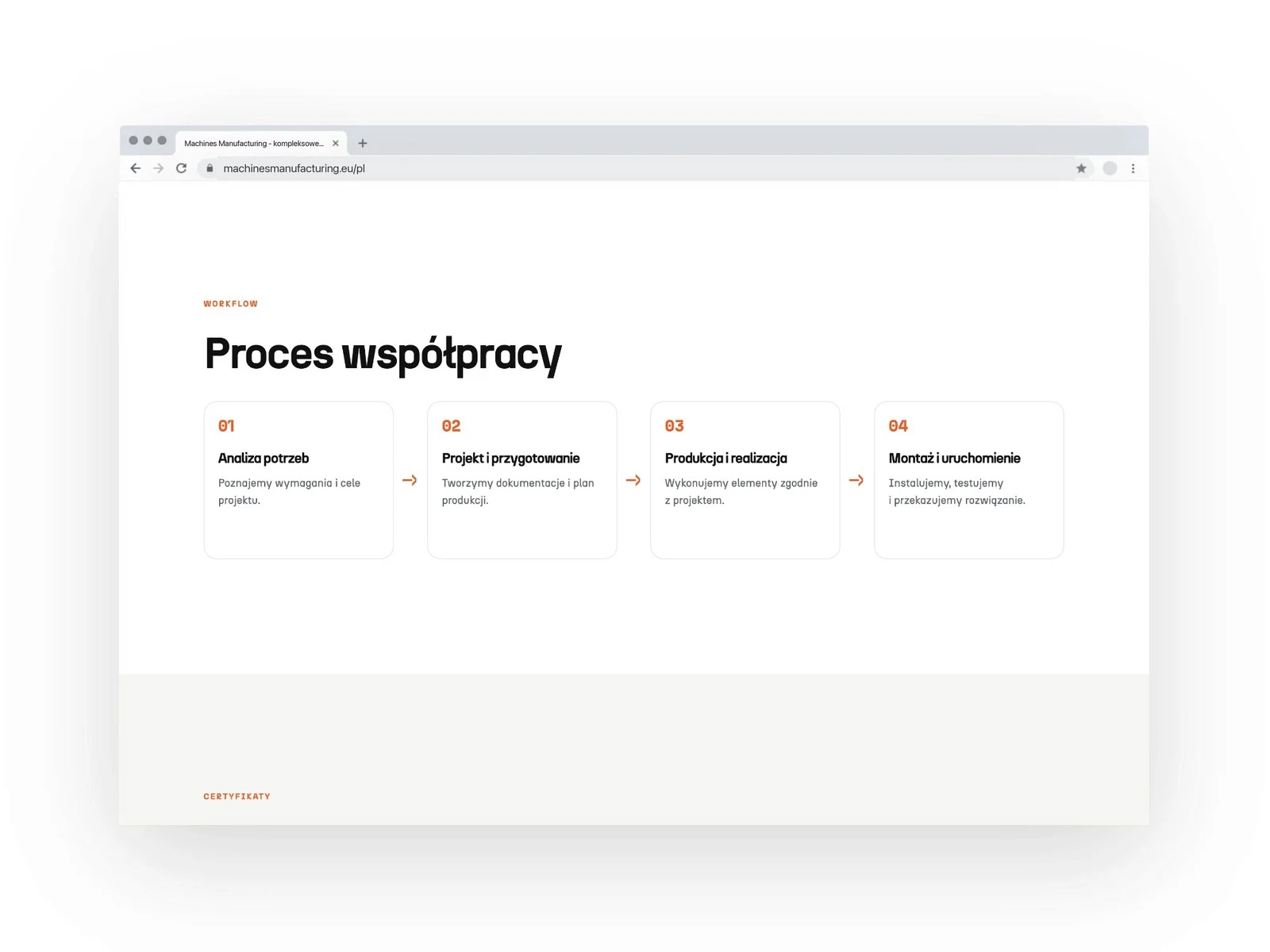 machinesmanufacturing.eu — projekt strony internetowej, mockup przegladarka