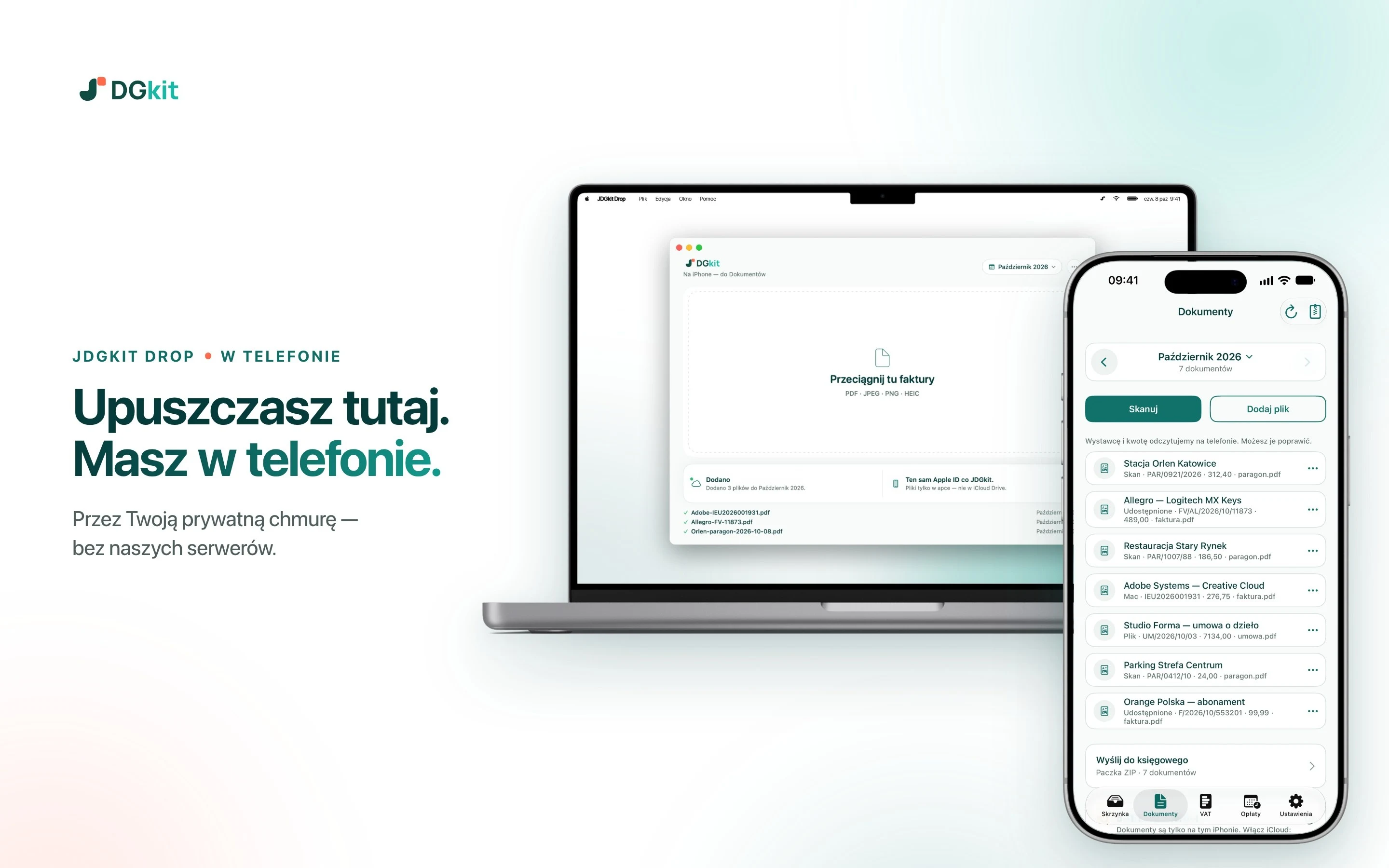 JDGkit Drop — aplikacja na Maca: faktura upuszczona na MacBooku pojawia się w Dokumentach na iPhonie