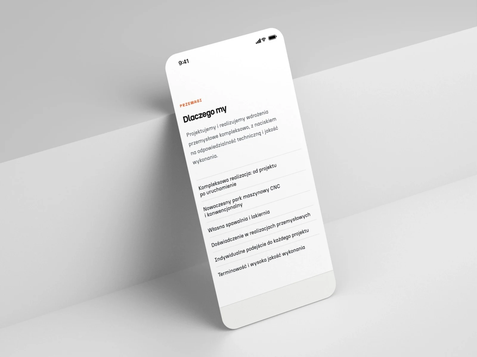 machinesmanufacturing.eu — projekt strony internetowej, mockup telefon scena schodek