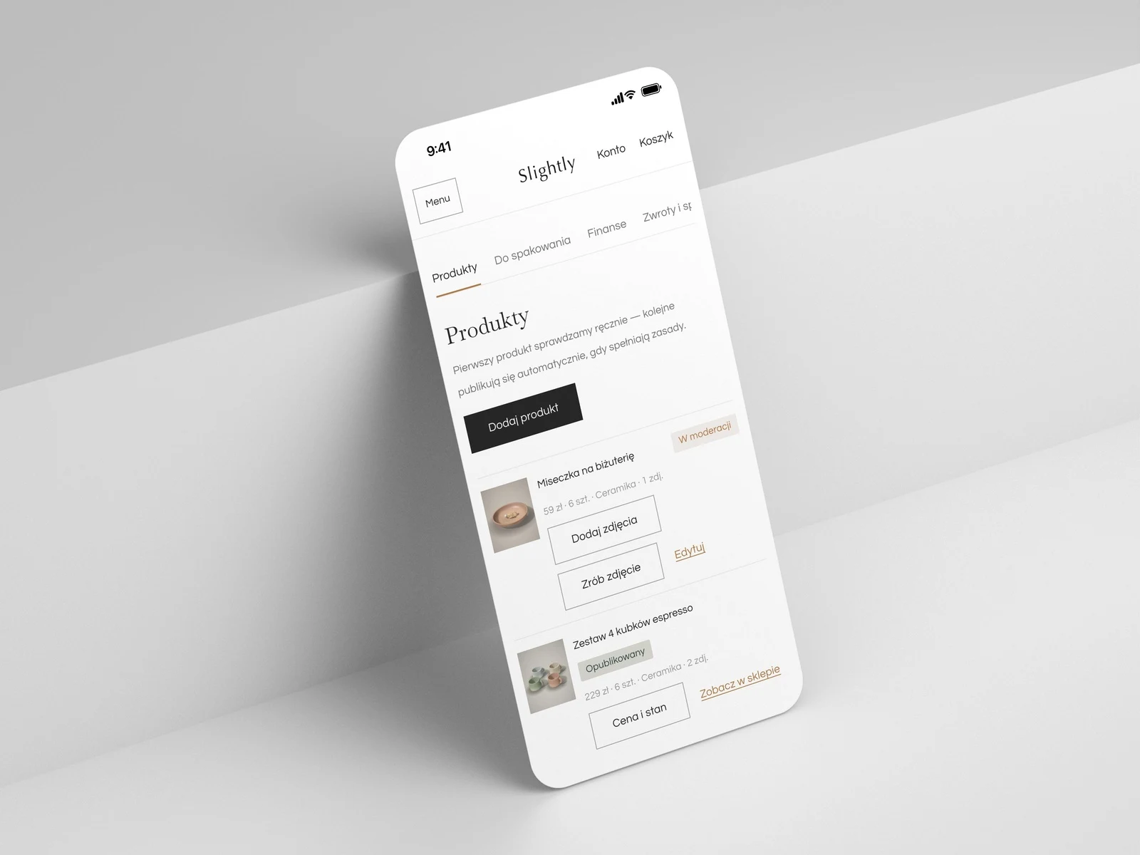 Panel twórcy Slightly na iPhonie: lista produktów pracowni ze zdjęciami, cenami i stanem magazynowym