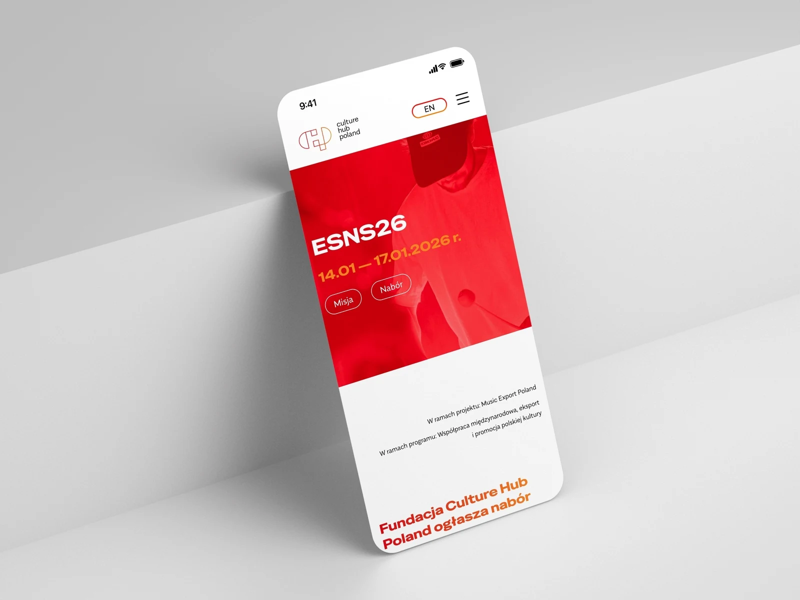 culturehubpoland.com — działanie ESNS26 z informacją o projekcie i programie na telefonie