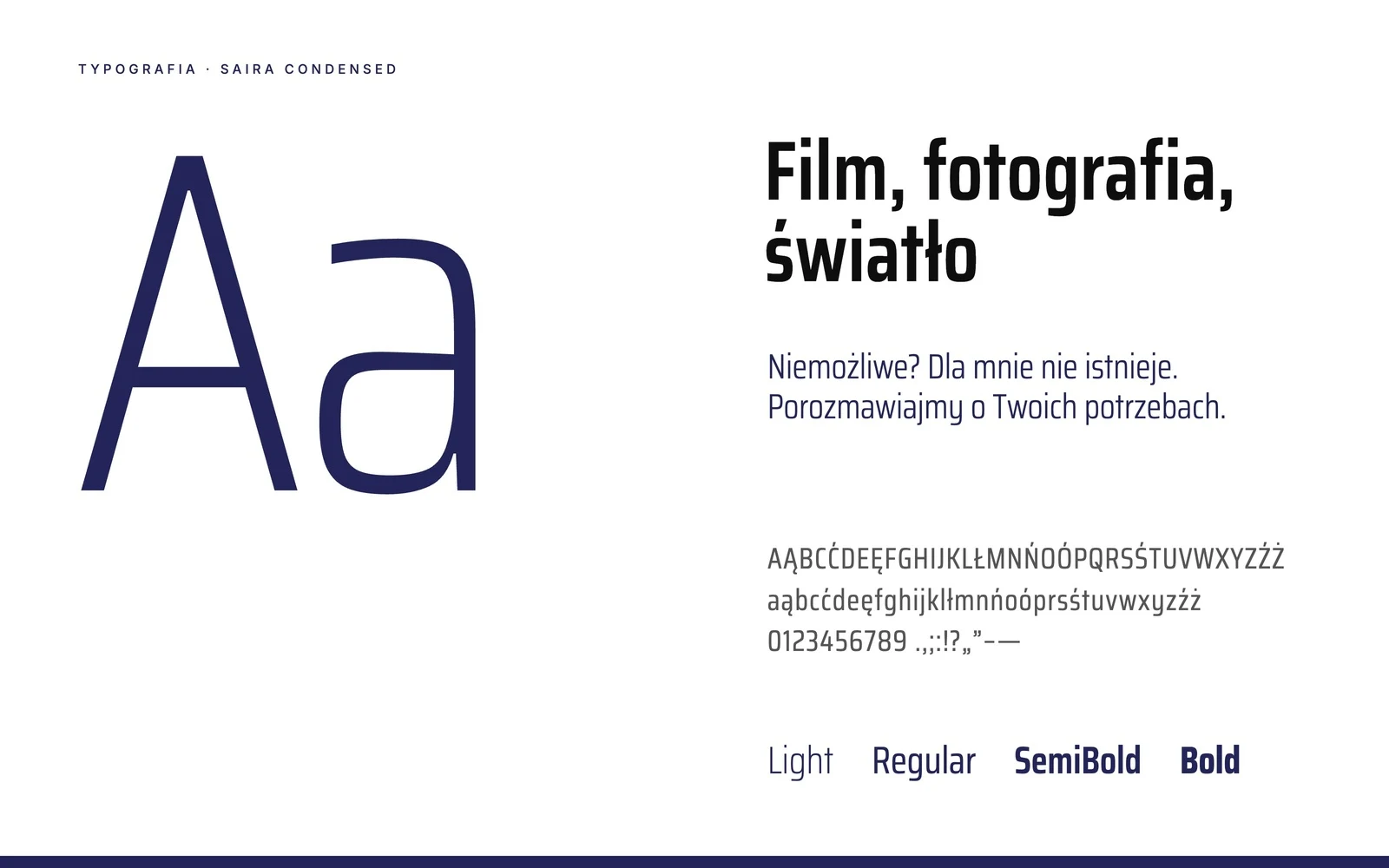 Kacper Sidło — typografia marki: krój Saira Condensed, wielkie „Aa”, hasło i alfabet z polskimi znakami