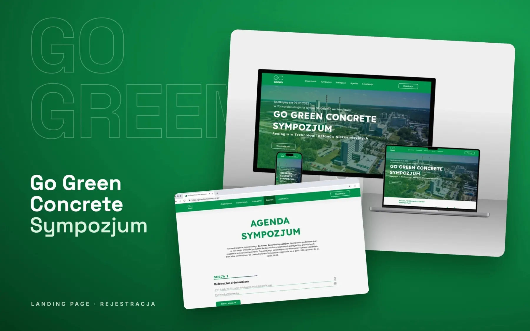 Kolaż mockupów strony rejestracyjnej sympozjum Go Green Concrete Heidelberg Materials na głębokim zielonym tle