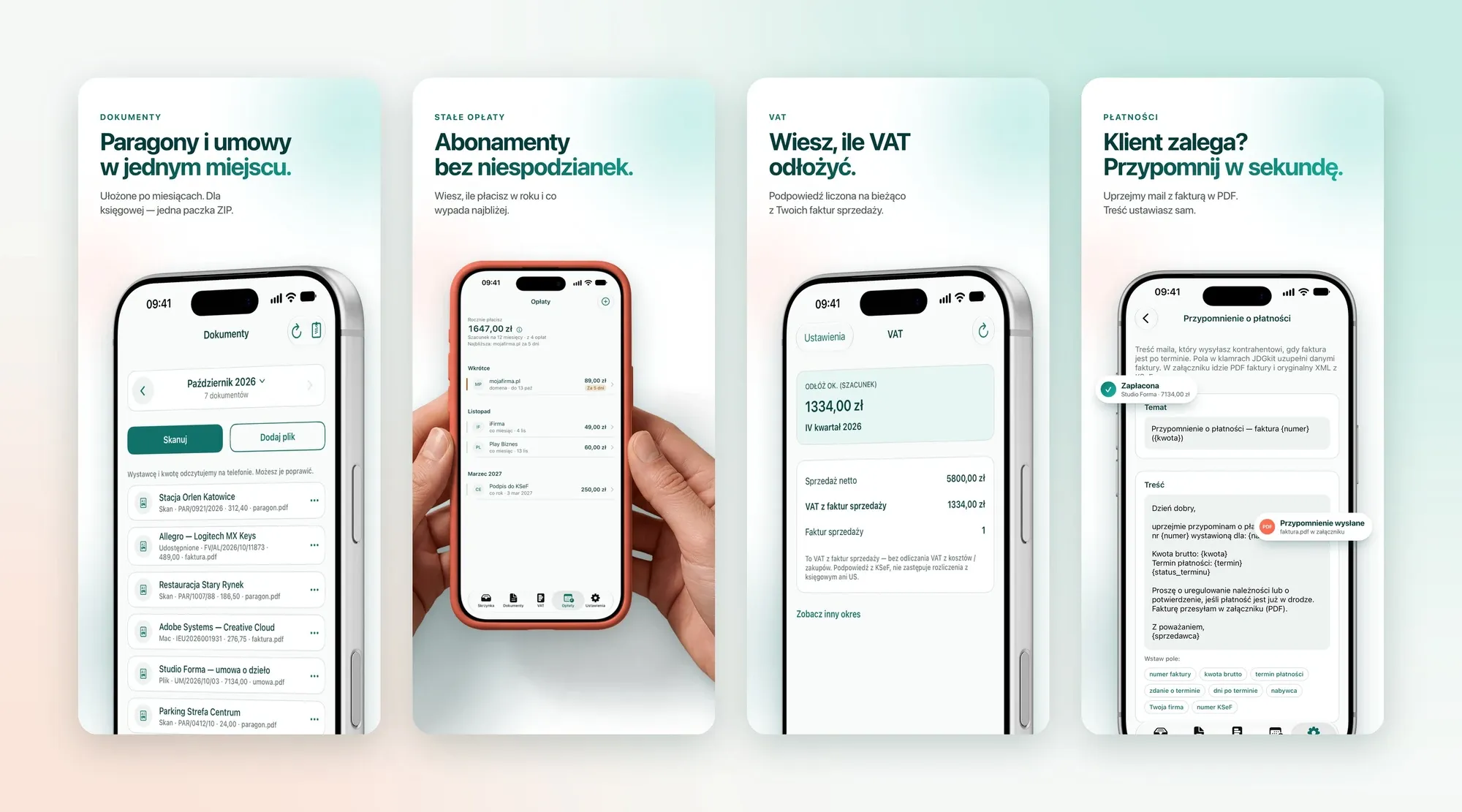 Aplikacja JDGkit na iPhonie — ekrany VAT, opłat i dokumentów