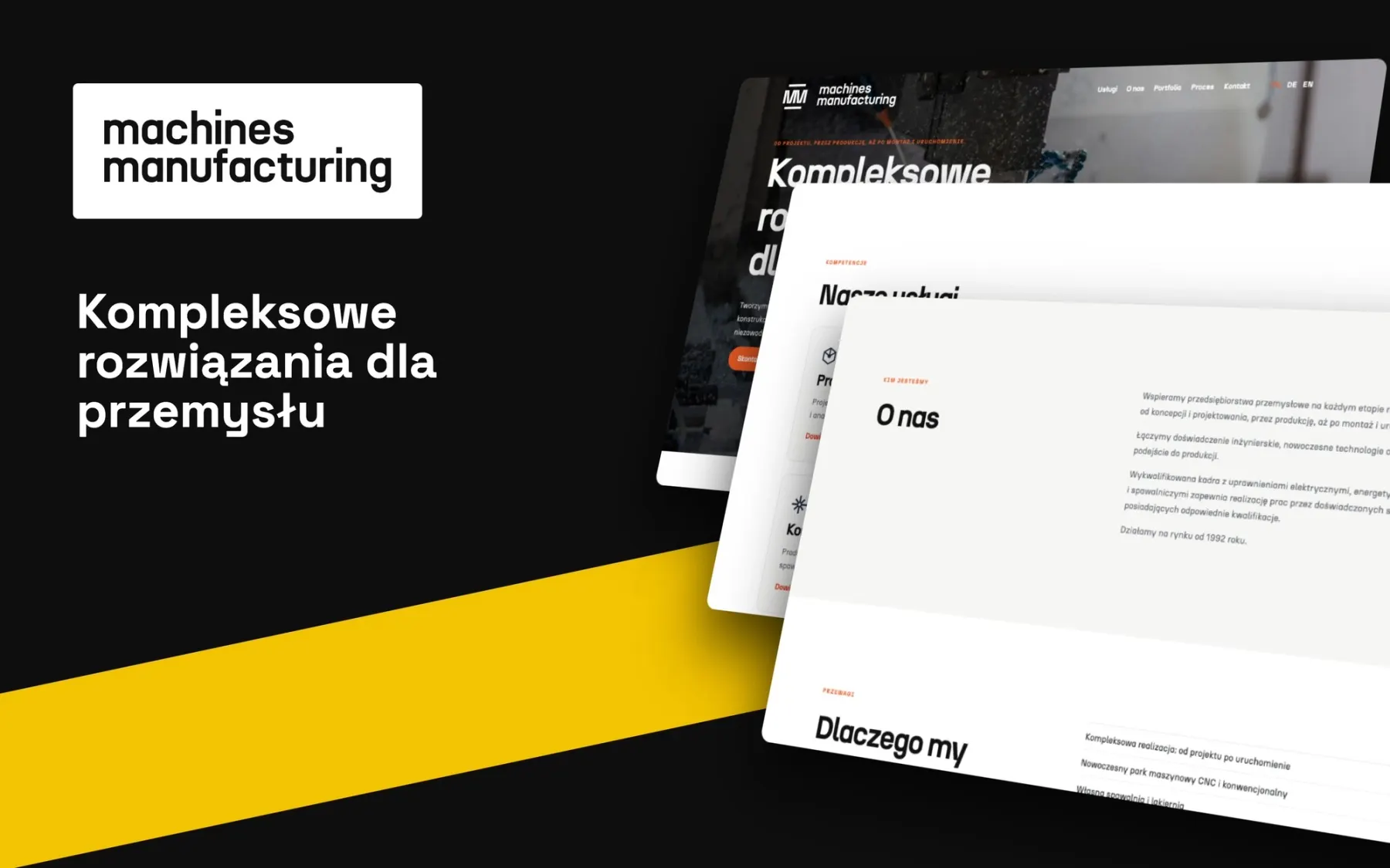 Podstrony serwisu B2B producenta maszyn i konstrukcji stalowych w perspektywie 3D na czarnym tle z żółtym pasem
