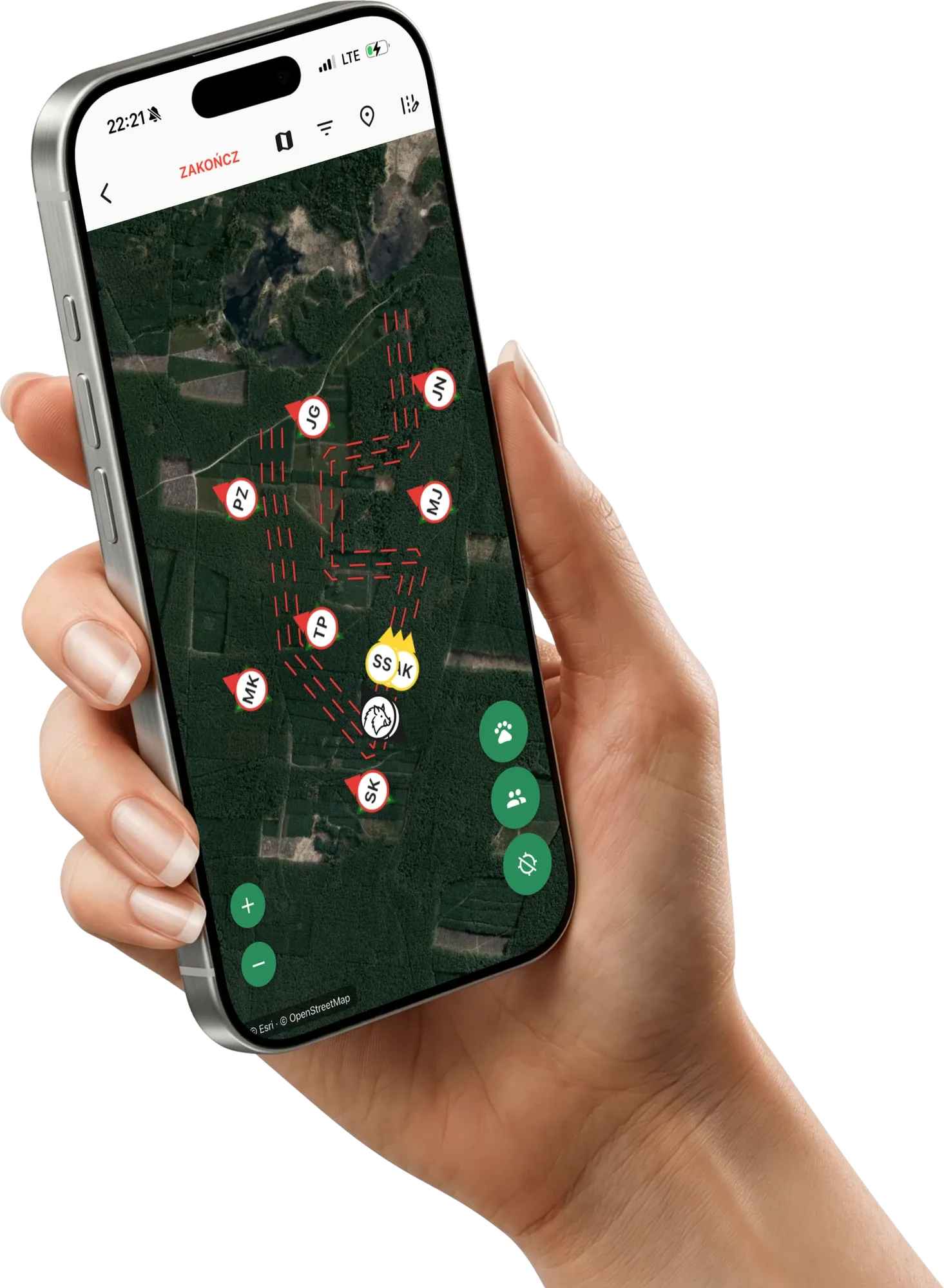 Aplikacja naganiacze.app na iPhonie — mapa polowania z uczestnikami