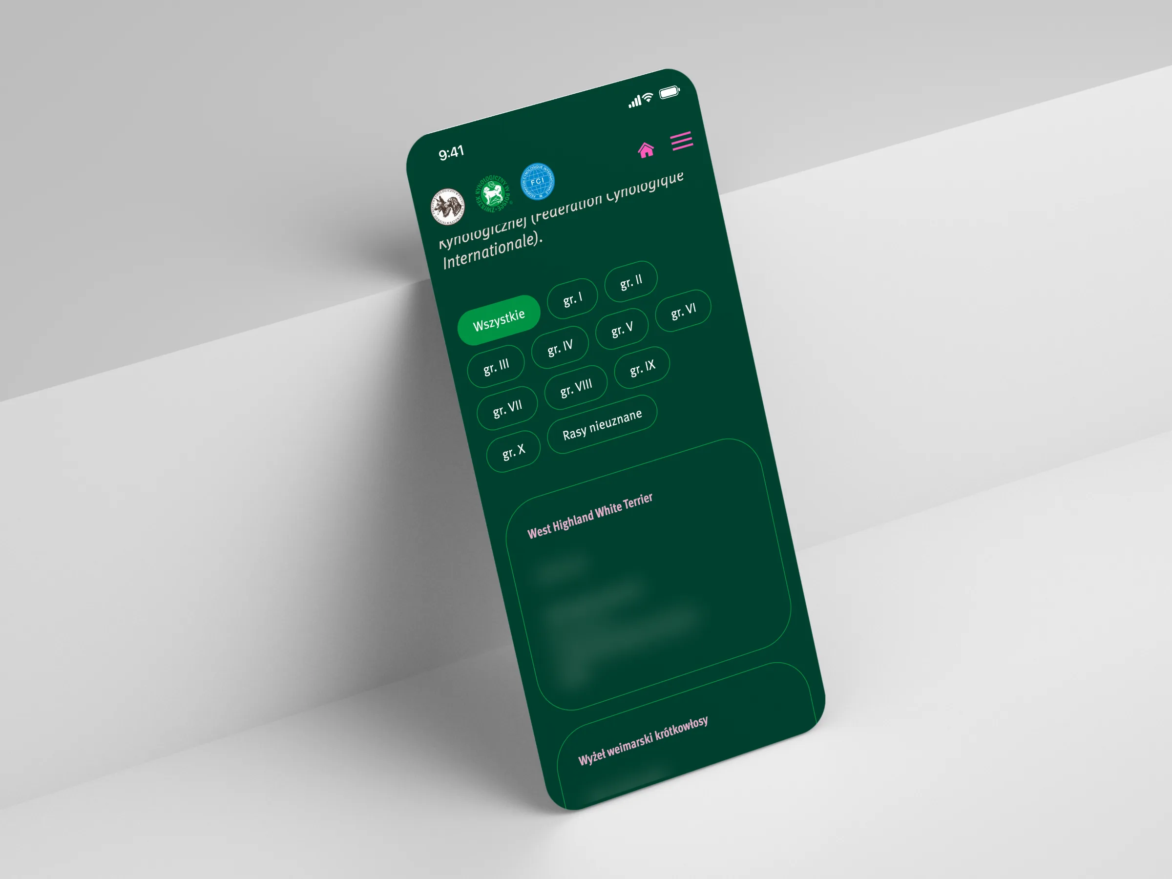 Spis hodowli z filtrem grup FCI na telefonie